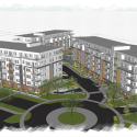 Architectural rendering of Shorewood, a future mid-rise residential development in Parksville, BC, by Parksville home builders Westmark showing three six-storey rental buildings with landscaped walkways, trees, and people walking and cycling in a vibrant community setting.