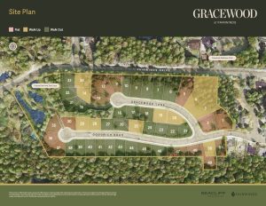 Site plan for Gracewood at Fairwinds in Nanoose Bay, BC, showing 51 real estate lots with flat, walk-up, and walk-out homesites along Gracewood Lane and Goodrich Road.