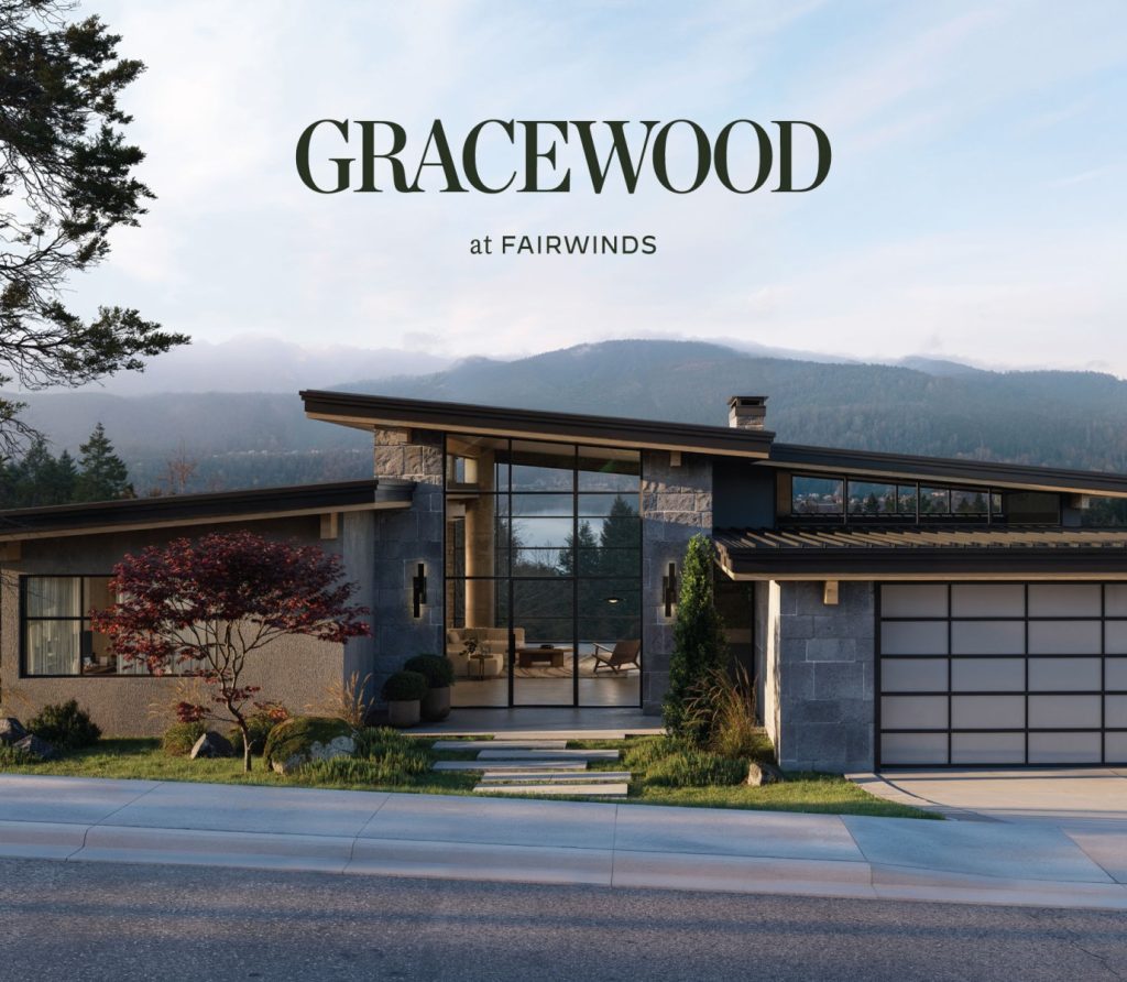Modern West Coast home at Gracewood in Fairwinds, showcasing Nanoose Bay real estate surrounded by forest and mountain views.