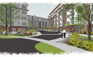 Shorewood multi-family rental development in Parksville, showing landscaped courtyards and six-storey apartment buildings.