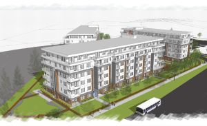 Elevated architectural rendering of Shorewood in Parksville, a three-building multi-family rental development with six-storey apartments.