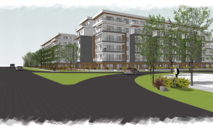 Street-level rendering of Shorewood multi-family rental apartments in Parksville, showing the six-storey residential buildings and landscaped frontage.